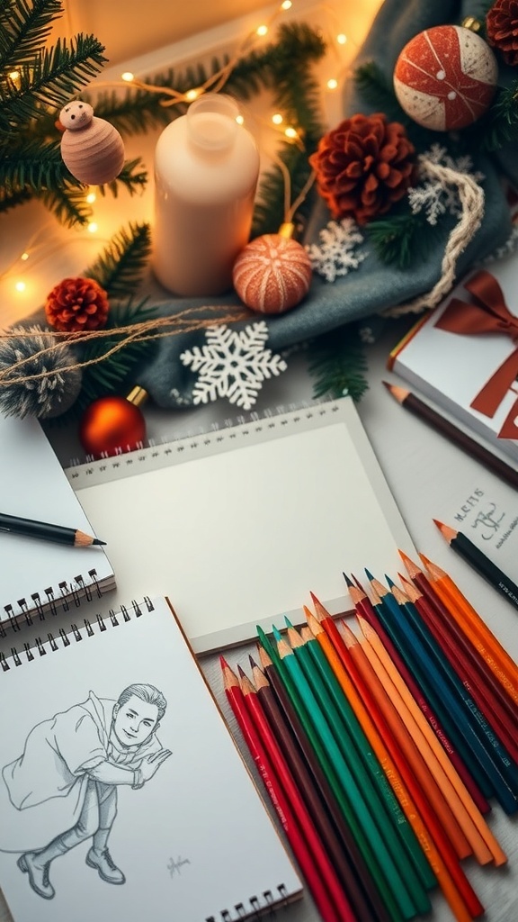 Flat lay of drawing supplies including sketchbooks, colored pencils, and a drawing tablet in a festive holiday setting.